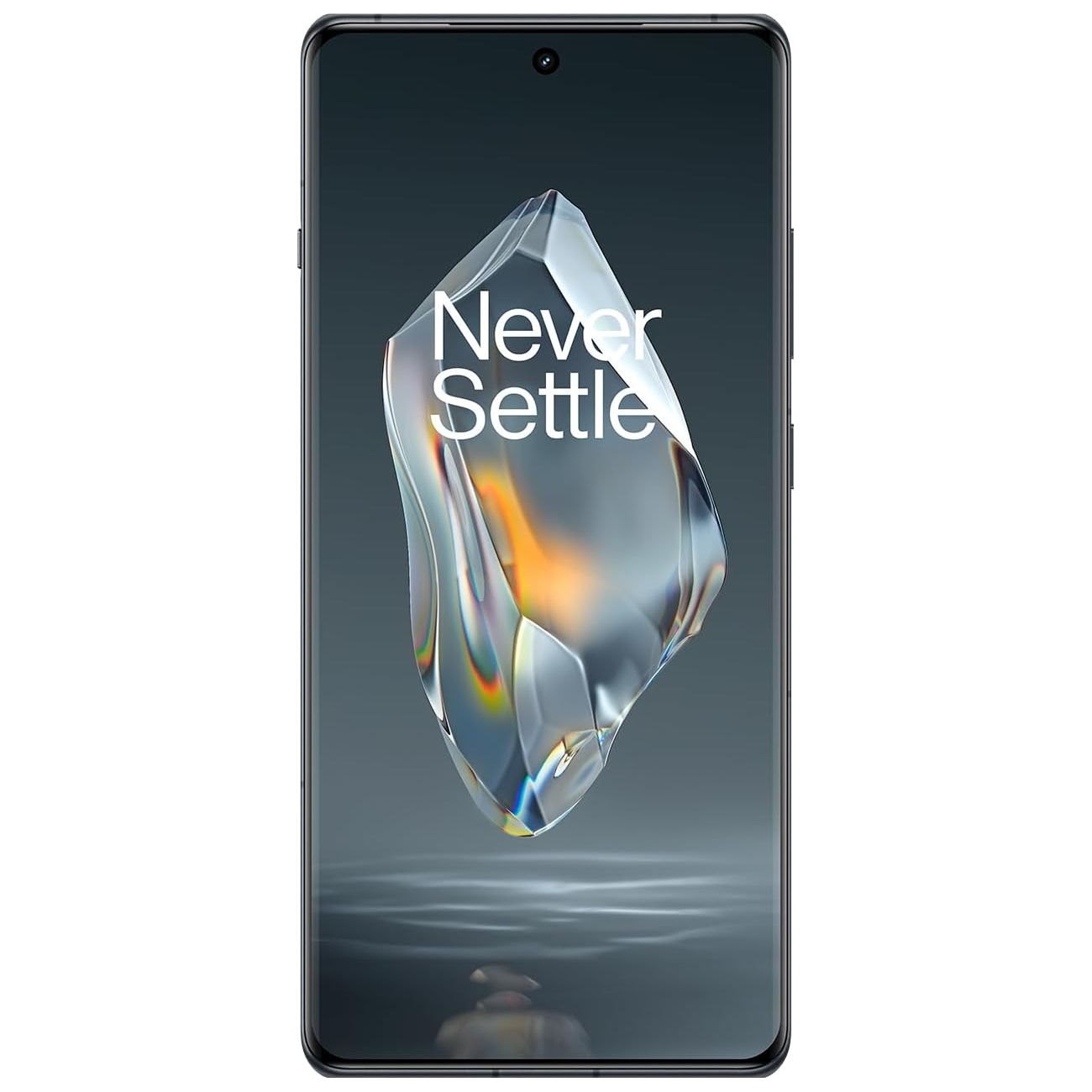 Czarny smartfon z kryształowym wzorem na ekranie. Napisano Never Settle.