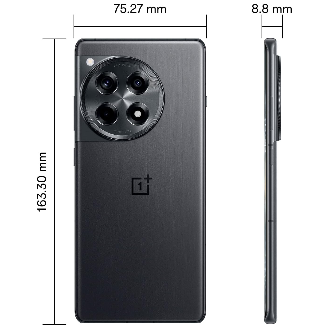 Czarny telefon z wymiarami, widok z boku pokazuje grubość. Tył ma aparat i logo.