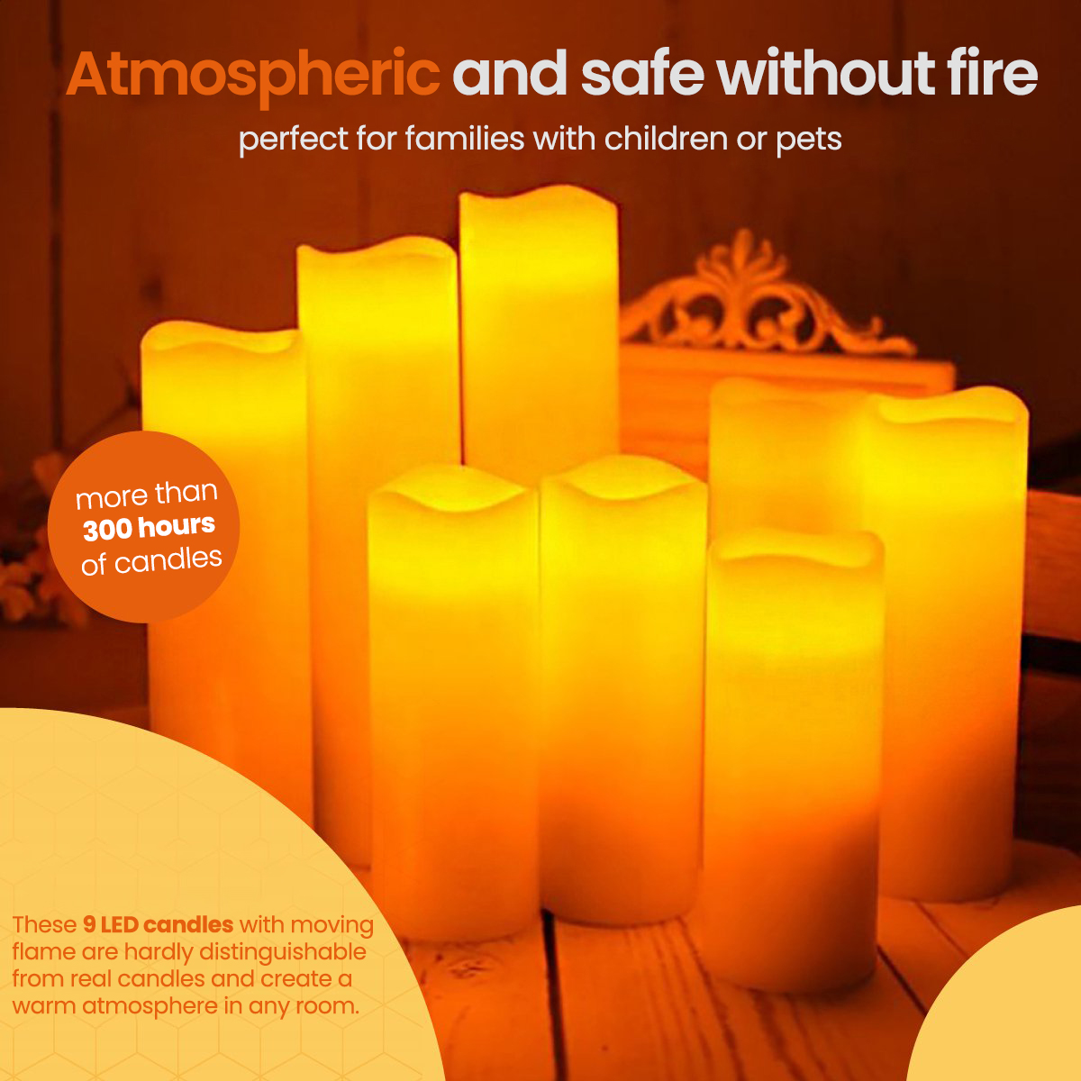 A group of seven yellow LED candles that look realistic with a text overlay.