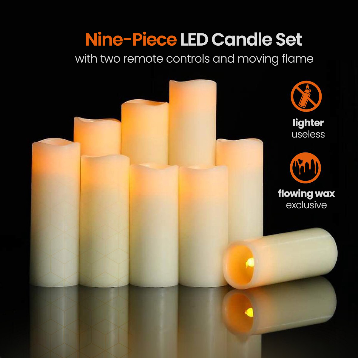 Nine LED candles with remote controls. White candles with orange flames.