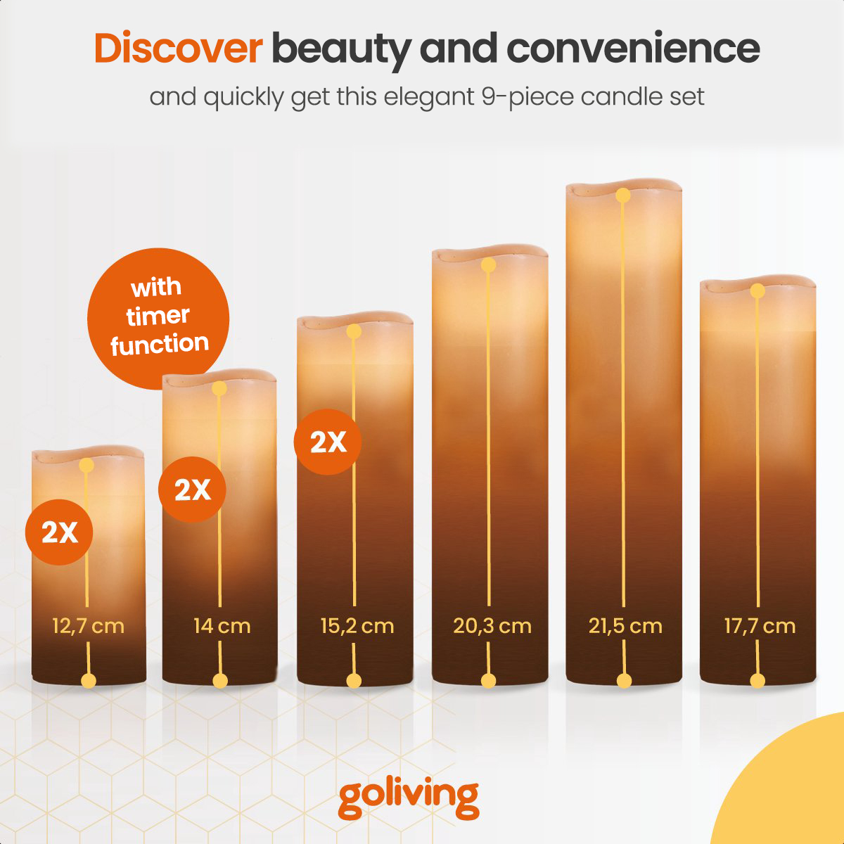 Five brown candles of varying heights. Dimensions are listed. It is an elegant 9-piece candle set.