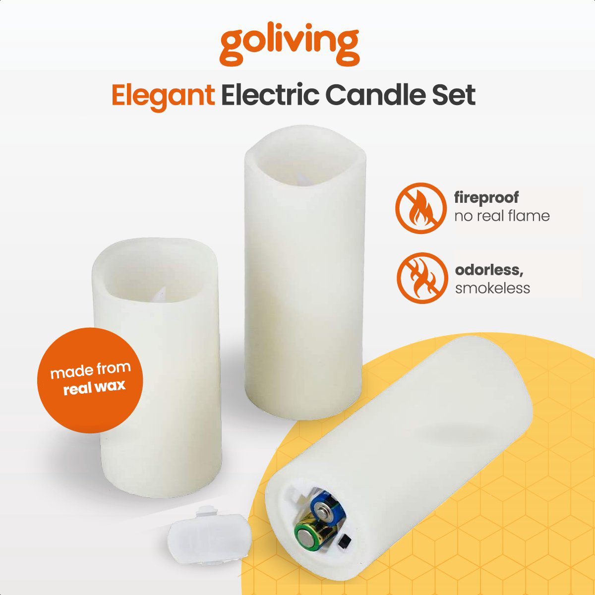 Electric candle set, two candles and a battery case. The candles are white, and the case is open.