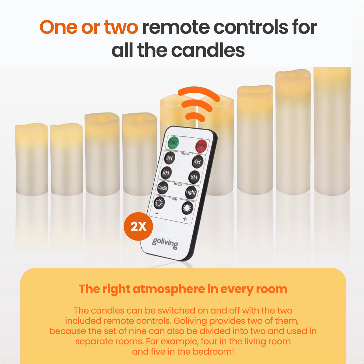 Remote control with candles and text. Text says "One or two remote controls for all the candles."