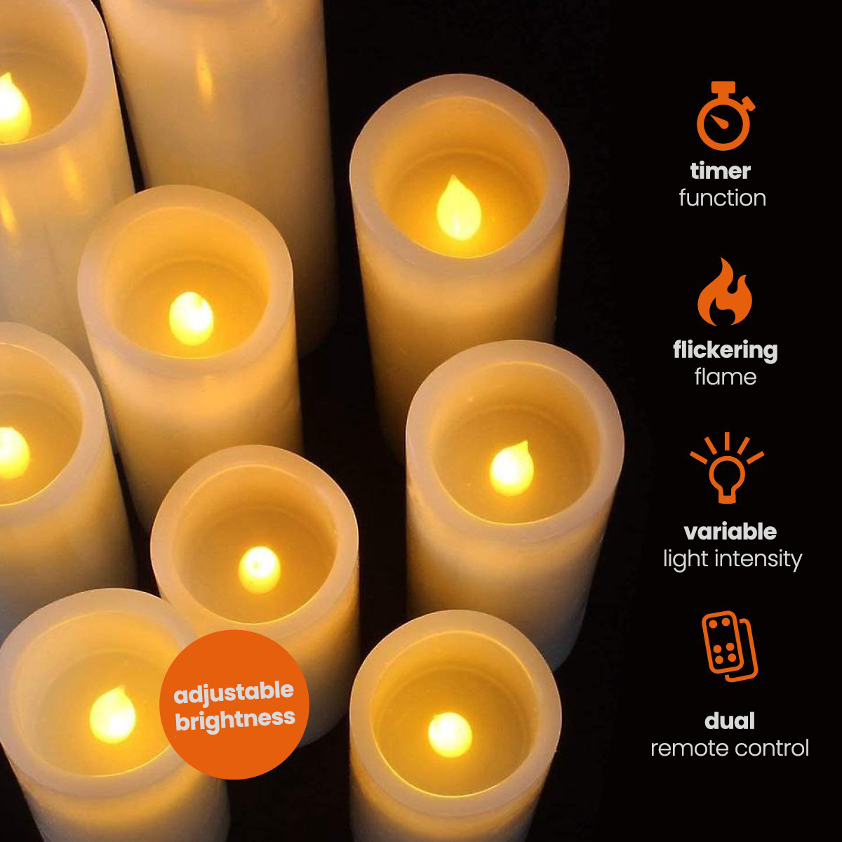 Several white, cylindrical LED candles with flickering flames, and icons explaining features.