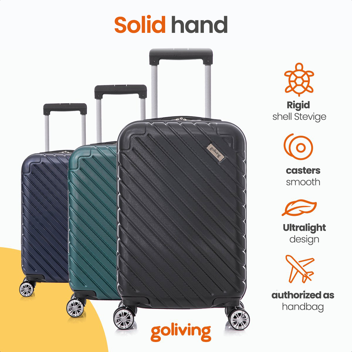 Three suitcases: navy, green, and black. Text indicates they are rigid, smooth, lightweight, and carry-on.