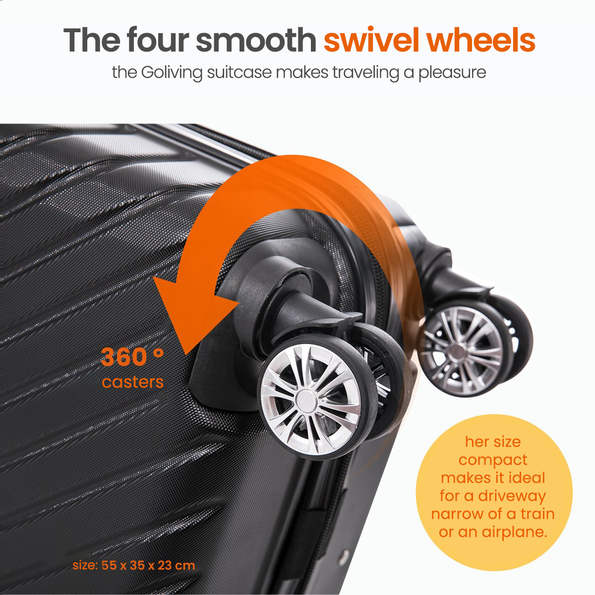 A black suitcase with a 360° caster wheel. An orange arrow indicates the swivel direction.