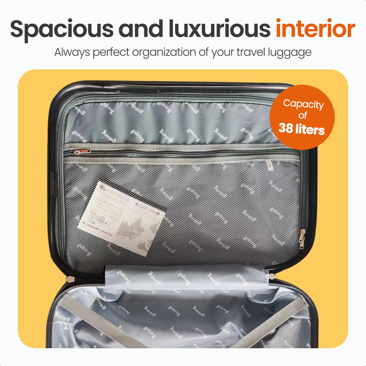 Open suitcase interior, with travel items. Text mentions capacity of 38 liters.