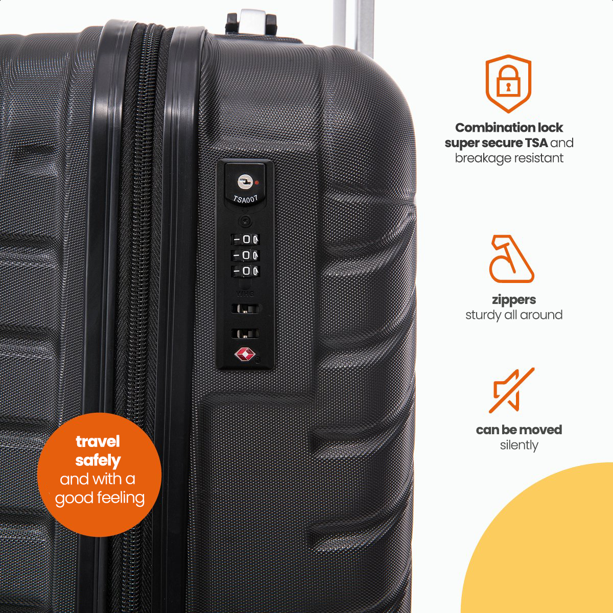 Black suitcase with a combination lock, TSA lock, and text about zippers and silent movement.