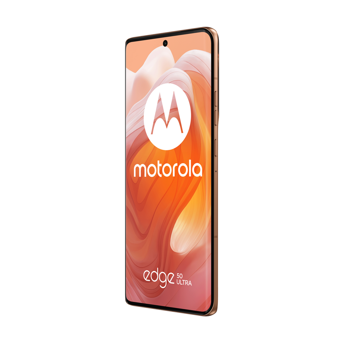 Smartfon Motorola Edge 50 Ultra. Pomarańczowe gradientowe tło z logo Motorola. Złoty różowy korpus i aparat.