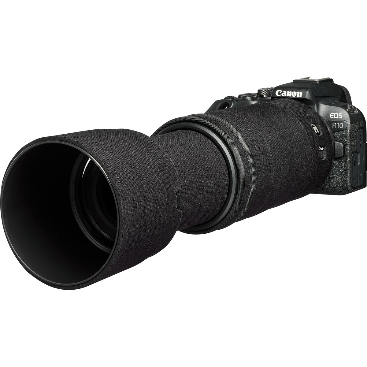 Canon EOS R10 Kamera mit großem schwarzen Objektiv und Objektivabdeckung.