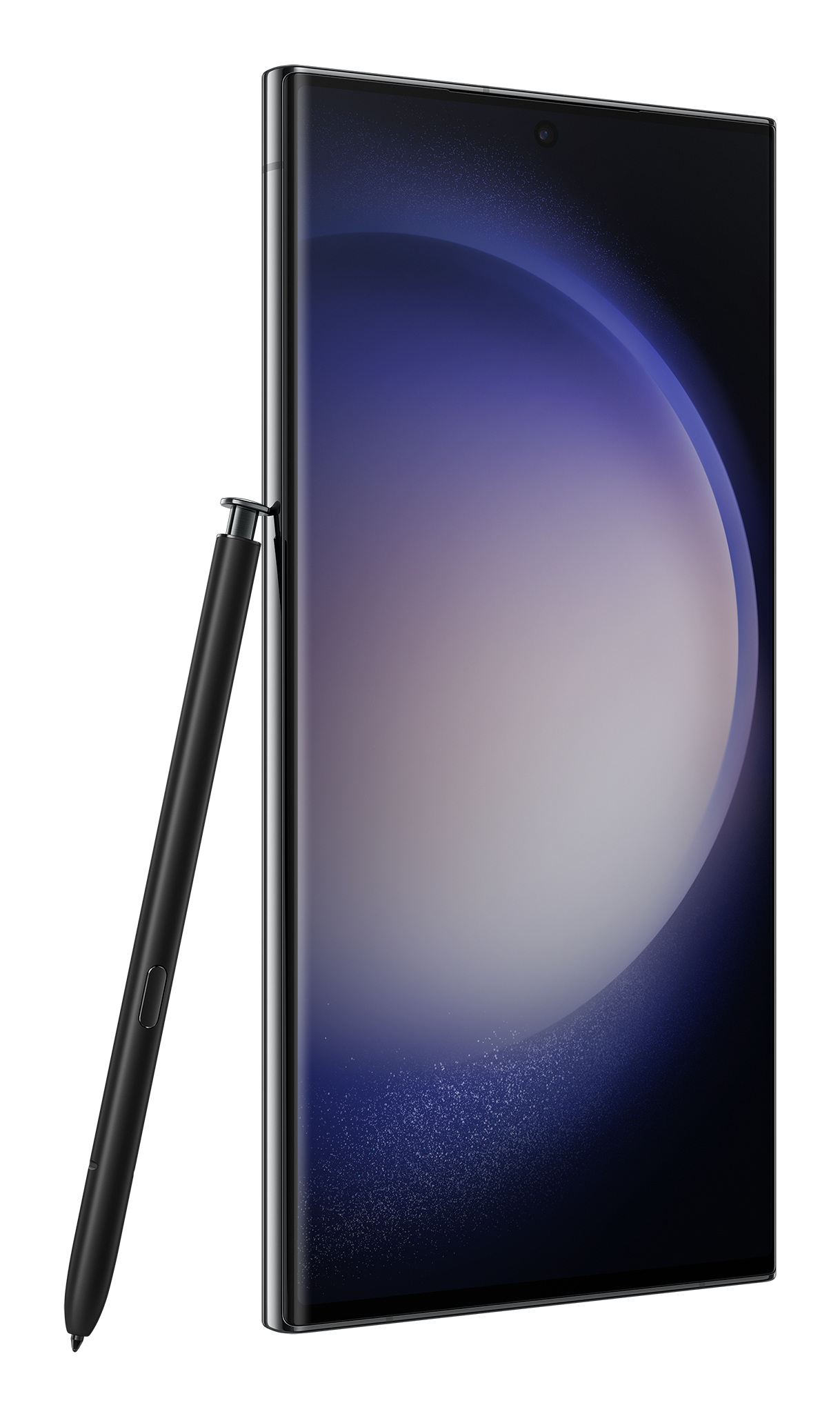 Zwarte smartphone met stylus, schuine weergave.