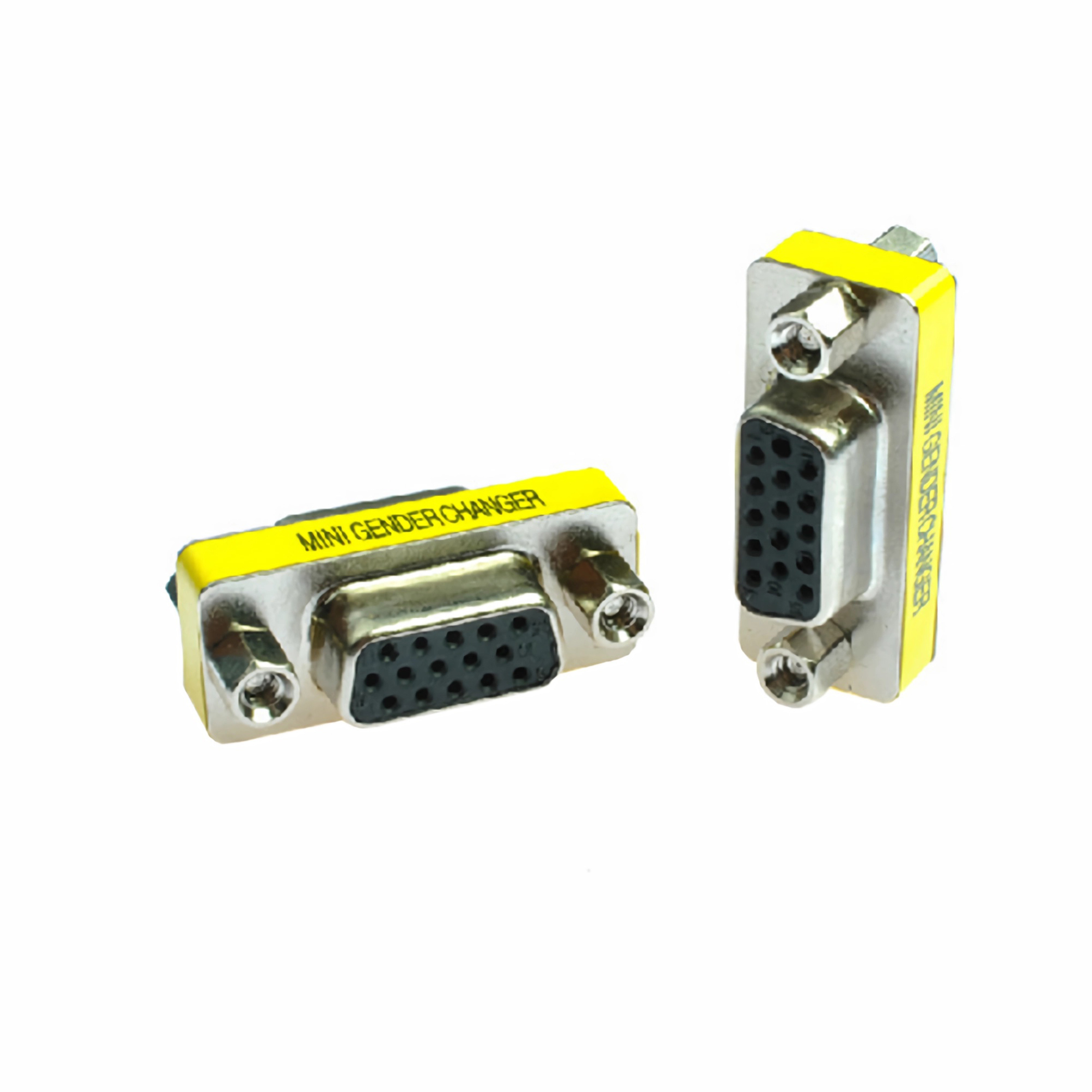 Zwei Mini-Gender-Changer-Anschlüsse. Sie sind gelb und haben an jedem Ende einen silbernen Stecker.