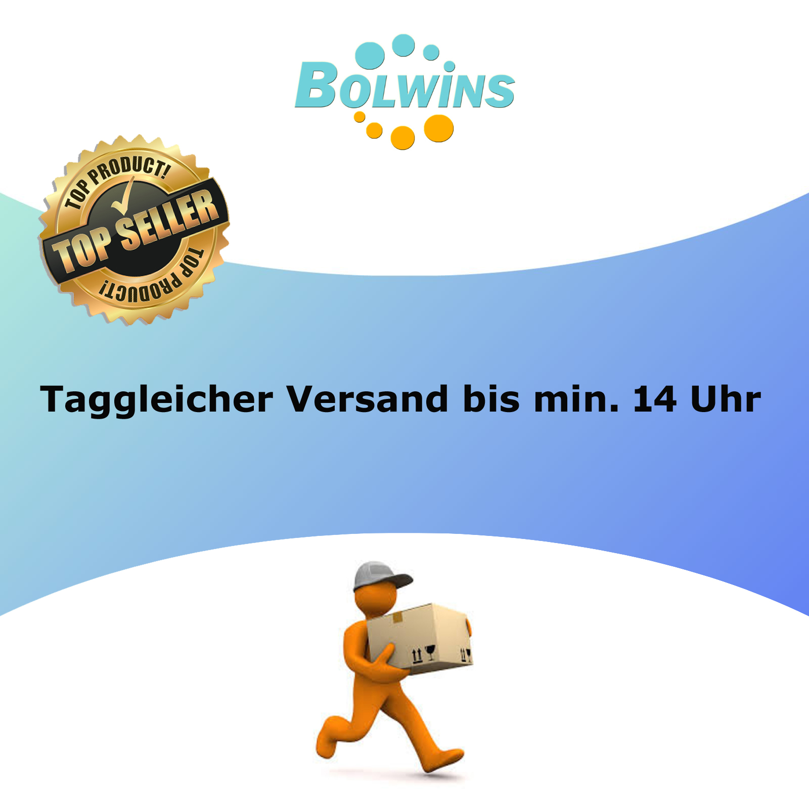 Bild mit Goldmedaille, 'TOP PRODUCT' und einem rennenden, orangefarbenen Cartoon-Charakter.