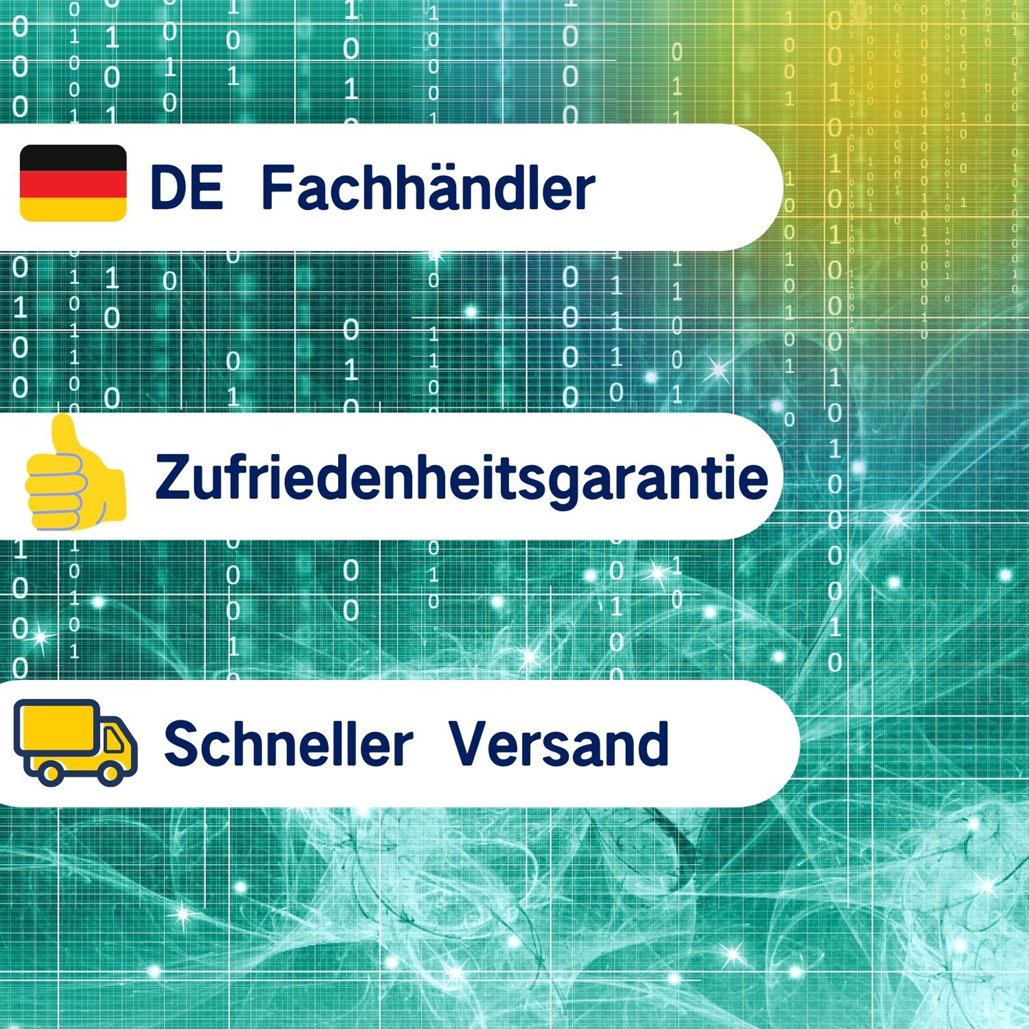 Bild mit deutscher Flagge, Text 'DE Fachhändler', Daumen hoch und LKW-Symbol. Der Hintergrund hat digitale Linien.