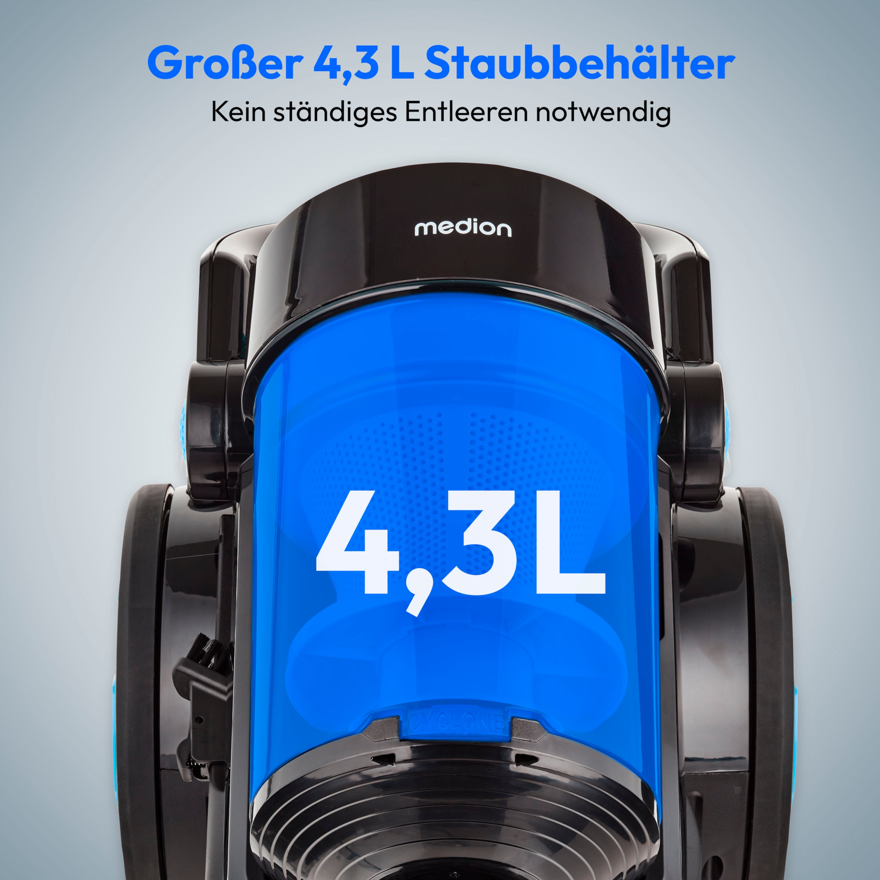 Aspiradora con detalles azules y negros. Texto: 4,3L y 'Großer 4,3 L Staubbehälter'.