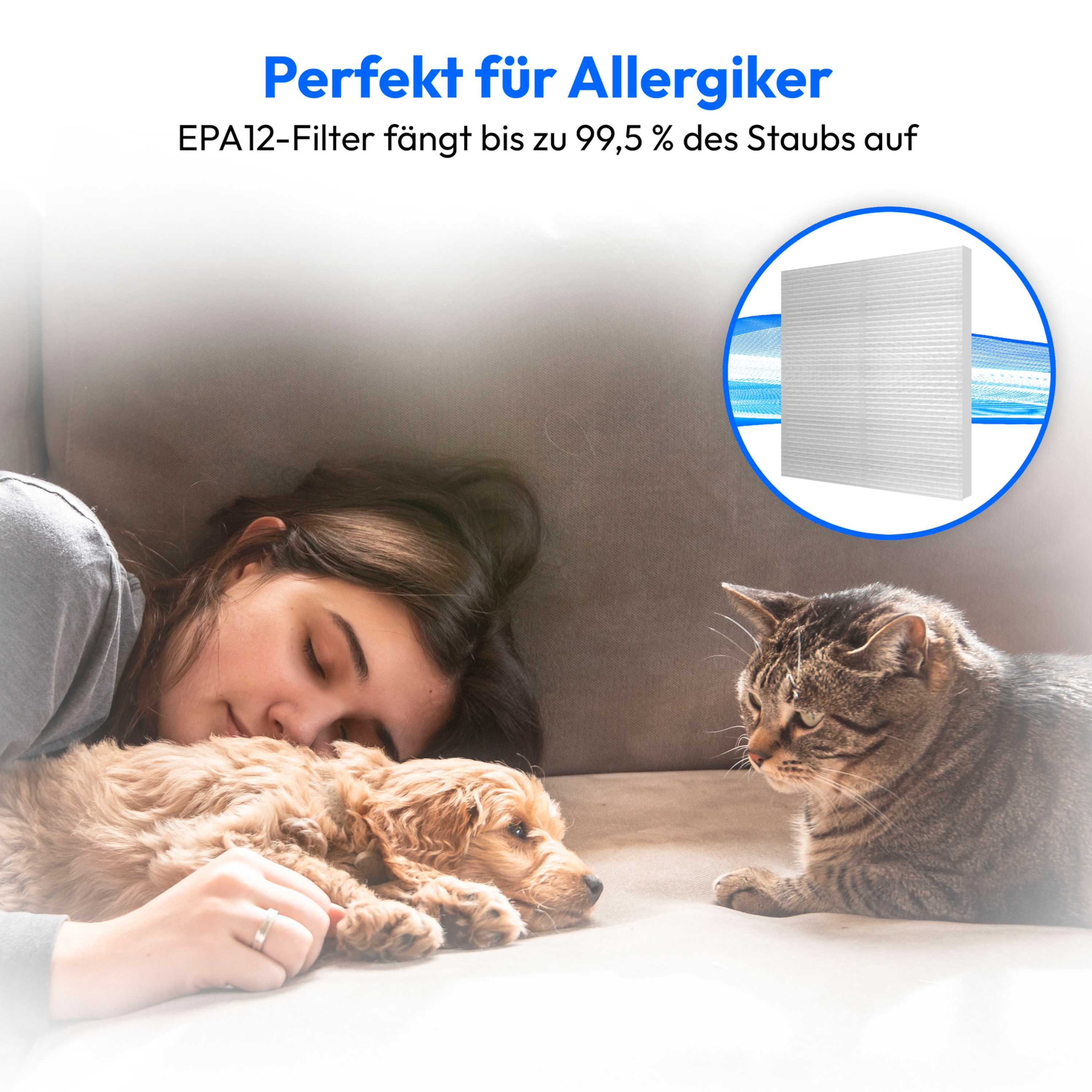 Mujer, cachorro y gato con texto 'Perfecto para alérgicos' e imagen del filtro.