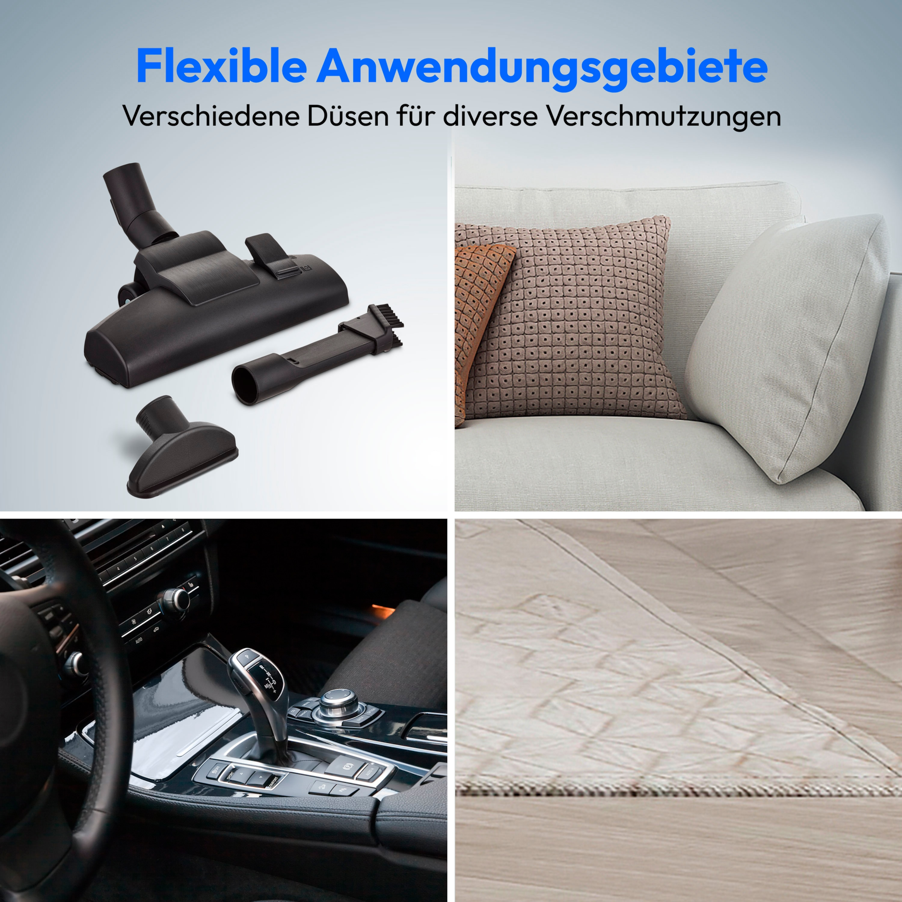 Accesorios de aspiradora, interior de coche y alfombra. Se muestran varias aplicaciones de limpieza.