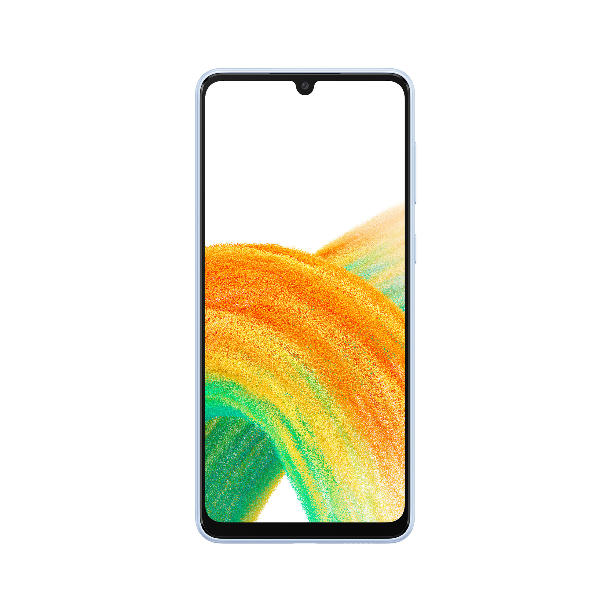 Blaues Mobiltelefon mit weißem Bildschirm. Der Hintergrund ist weiß.