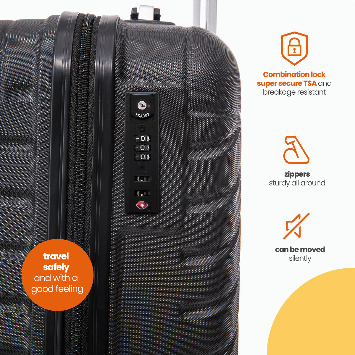 Black suitcase with lock, zippers, and text 'travel safely'. Orange icons and background.