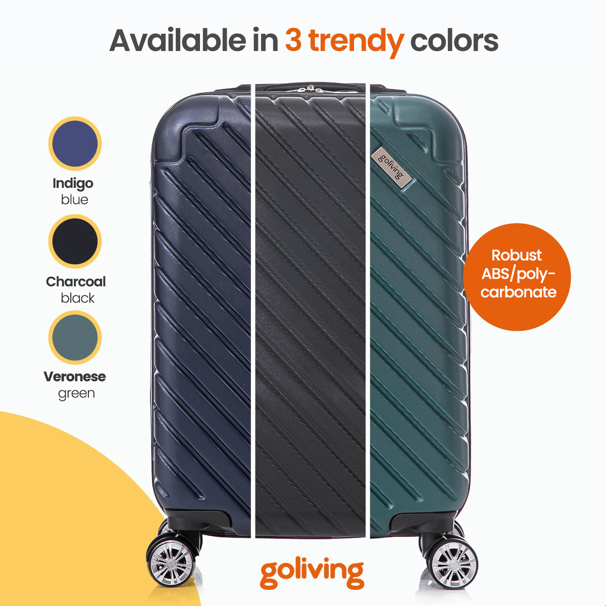 A suitcase with three sections in indigo blue, charcoal black, and veronese green.