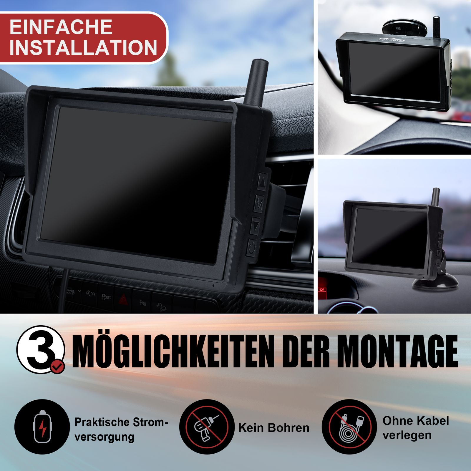 Ein schwarzer Auto-Monitor mit mehreren Montageoptionen wird gezeigt, mit deutschem Text.