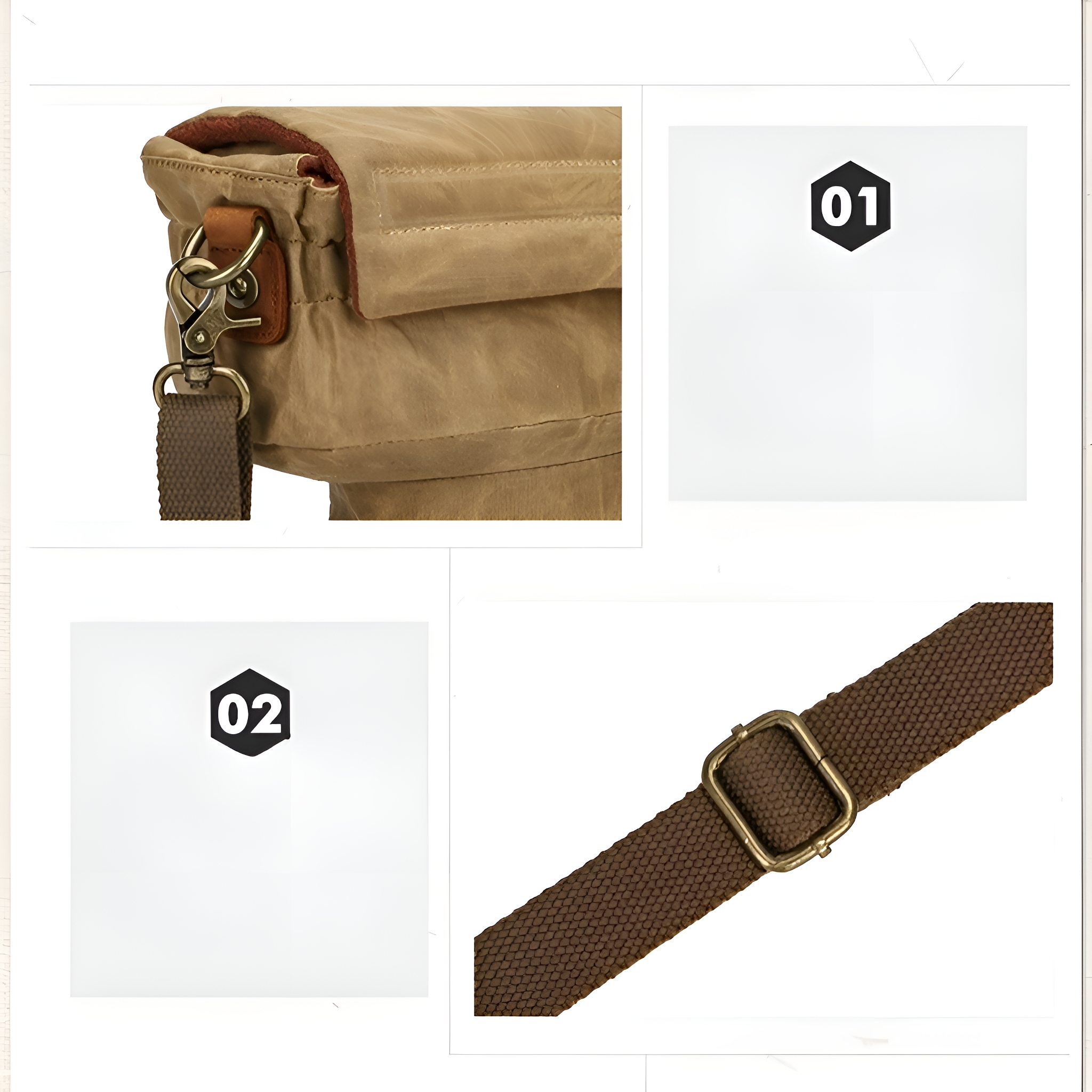 Nahaufnahme einer braunen Tasche mit Riemen und einem Verschluss. Weiße Kästen mit Nummern im Hintergrund.