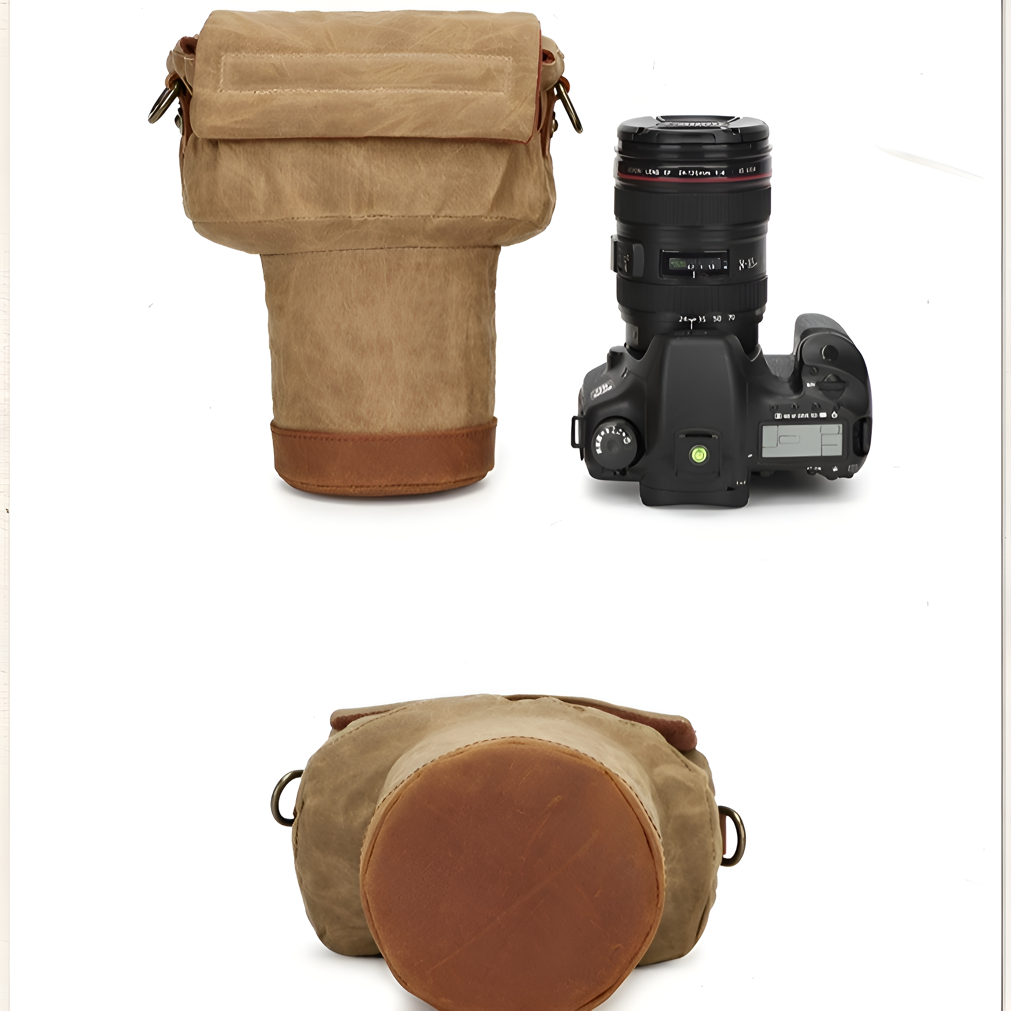Eine Kameratasche und eine Kamera liegen auf einer weißen Oberfläche. Die Tasche ist beige, die Kamera schwarz.