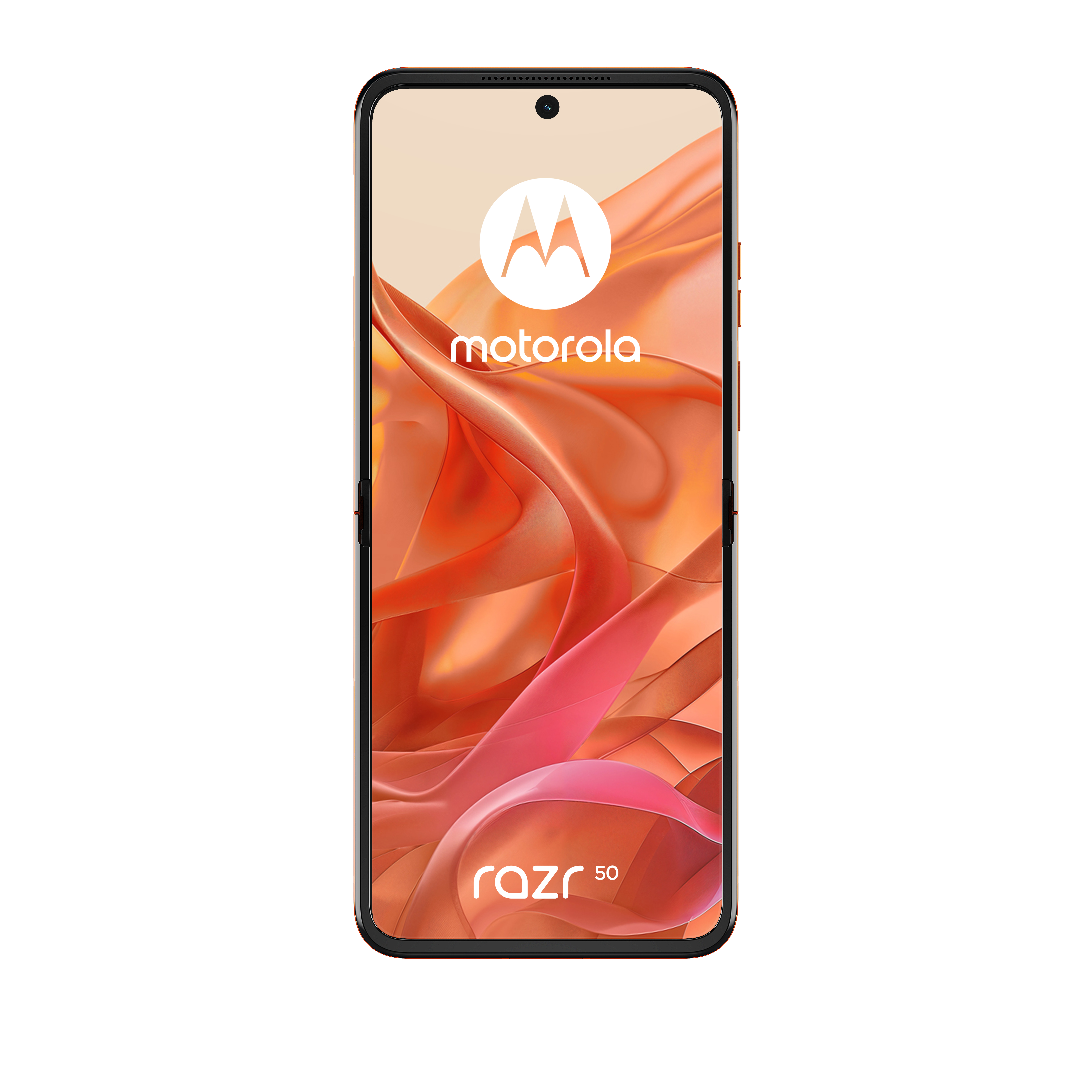 Smartfon z logo Motorola i tekstem 'razr 50' na brzoskwiniowym tle.