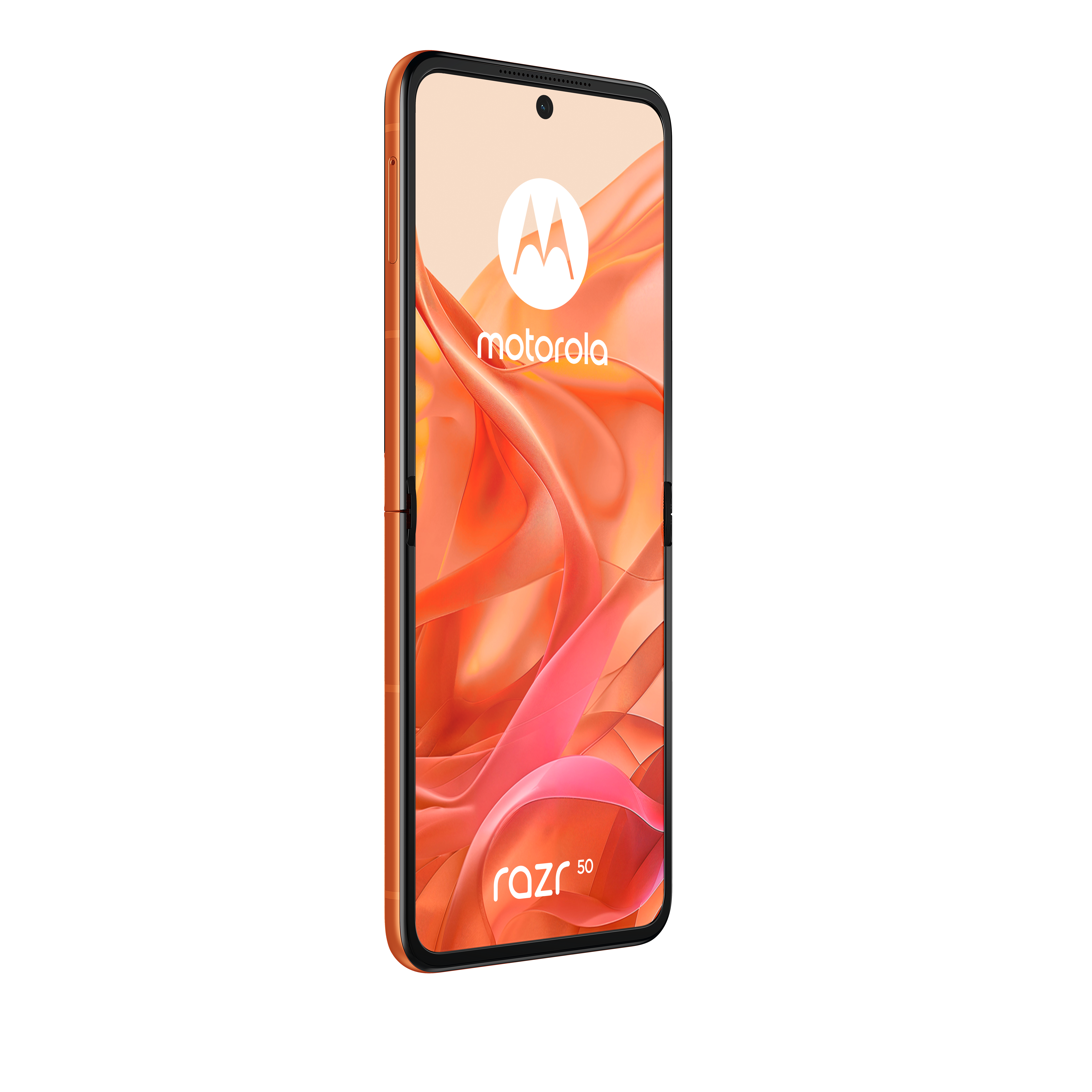 Pomarańczowy telefon z logo Motorola i napisem "razr 50".