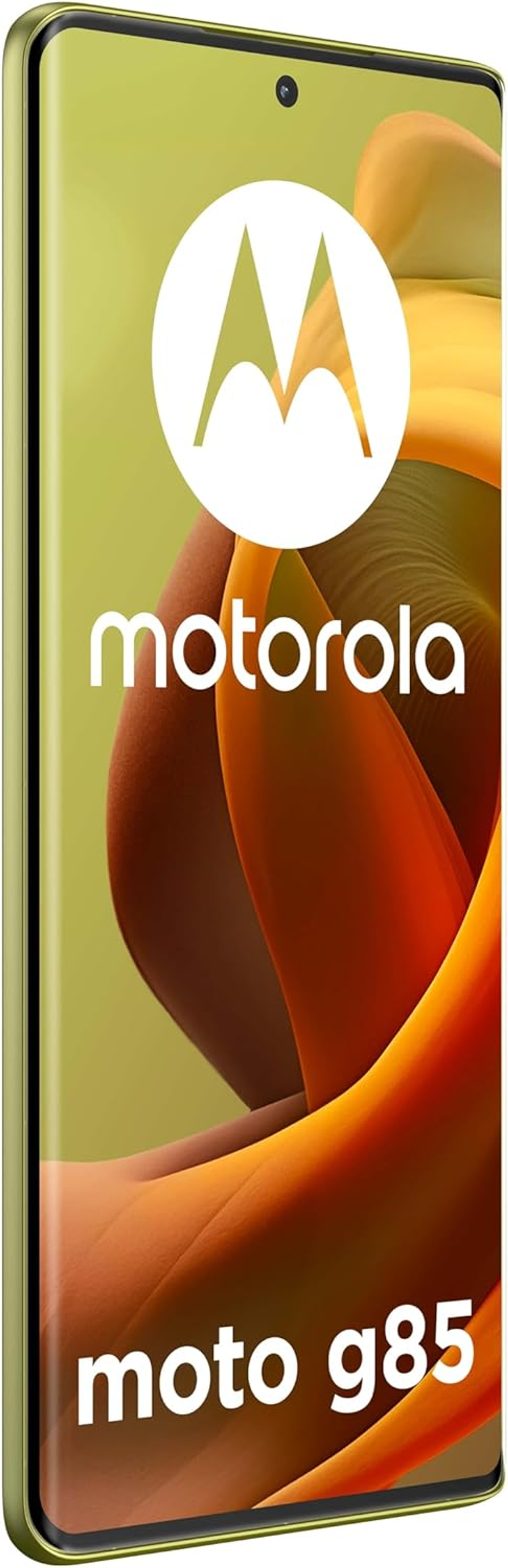 Telefon Motorola Moto g85, oliwkowa ramka, z zakrzywionym ekranem. Widoczne logo Motorola i tekst moto g85.