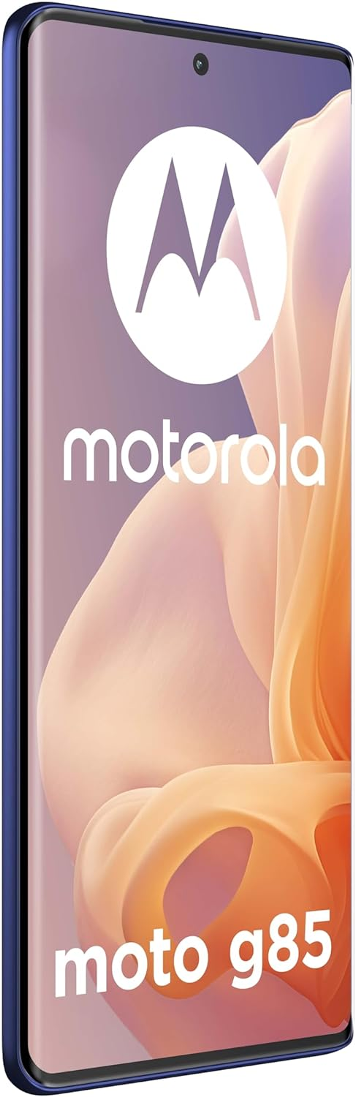 Niebieski telefon Motorola moto g85. Telefon wyświetla logo 'motorola'. Jest skierowany do widza.