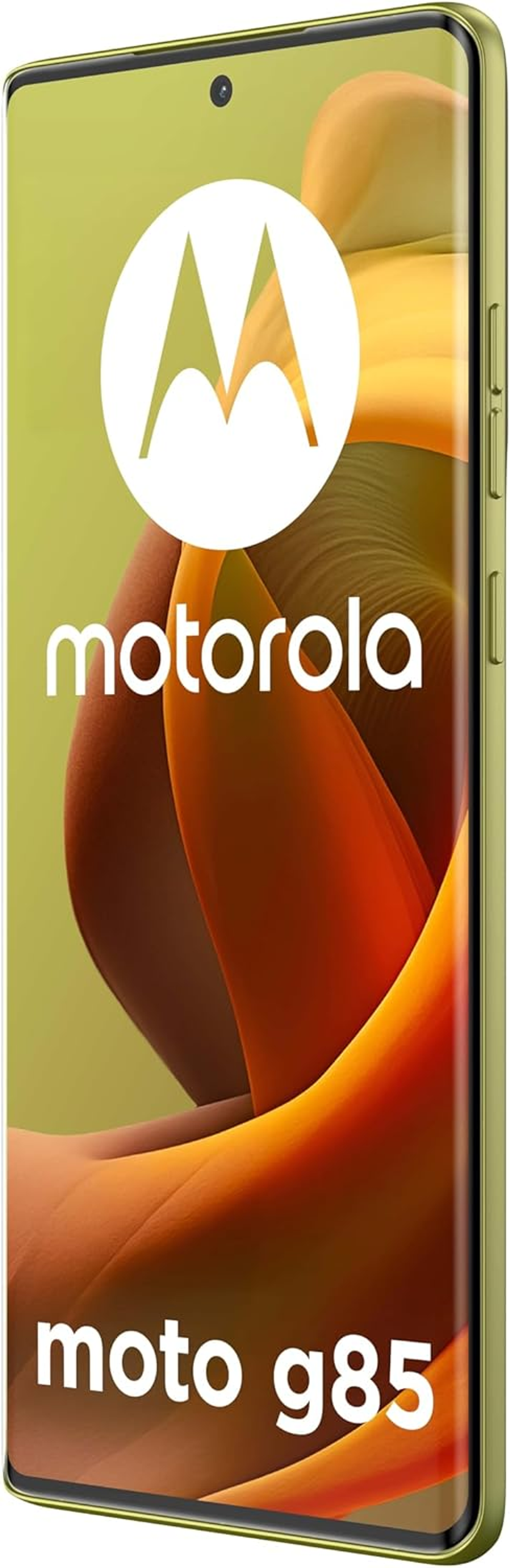 Telefon Motorola z zieloną ramką. Wyświetlane są słowa Motorola i moto g85.