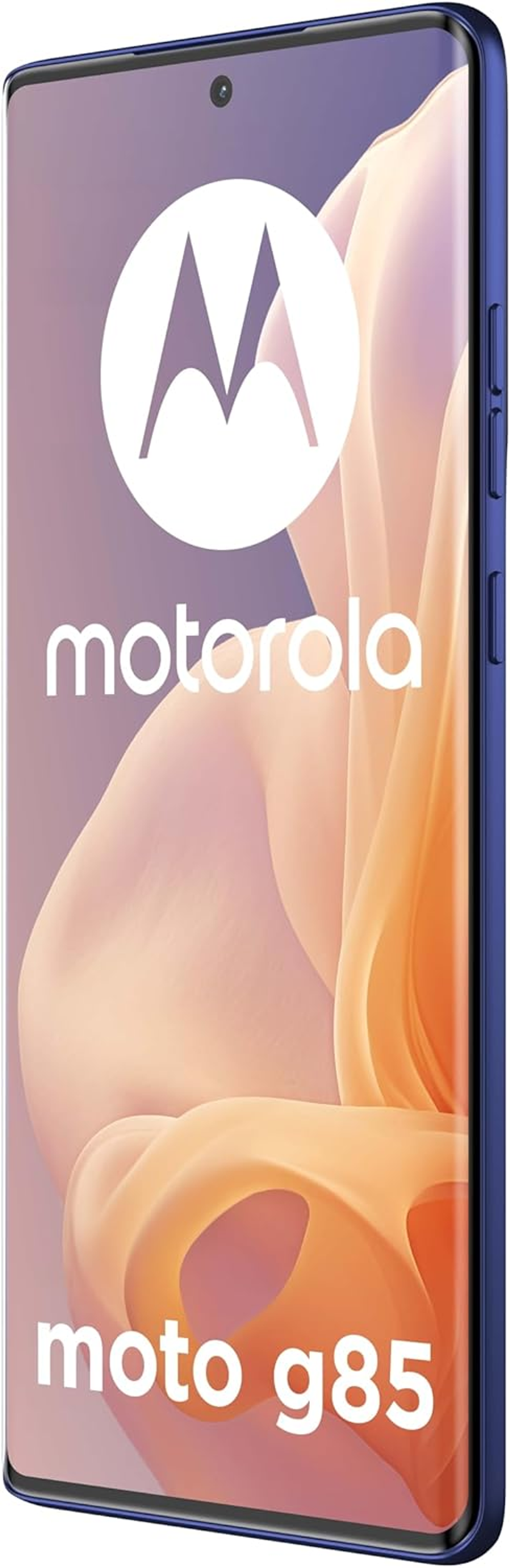 Telefon Motorola Moto g85, niebieski z dużym logo Motorola i tekstem na ekranie.
