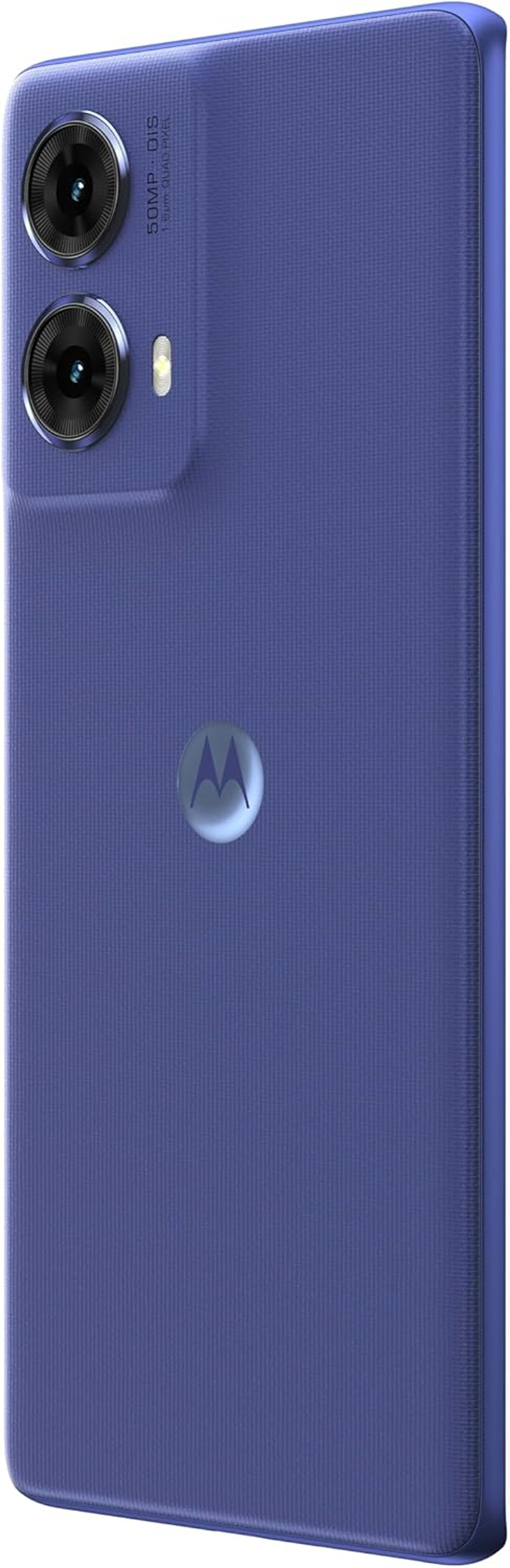 Niebieski smartfon z podwójnym aparatem i srebrnym logo Motorola z tyłu.
