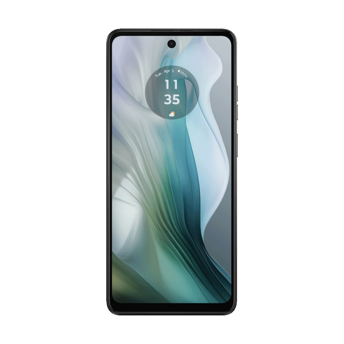 Czarny smartfon wyświetlający godzinę i pogodę, na białym tle.