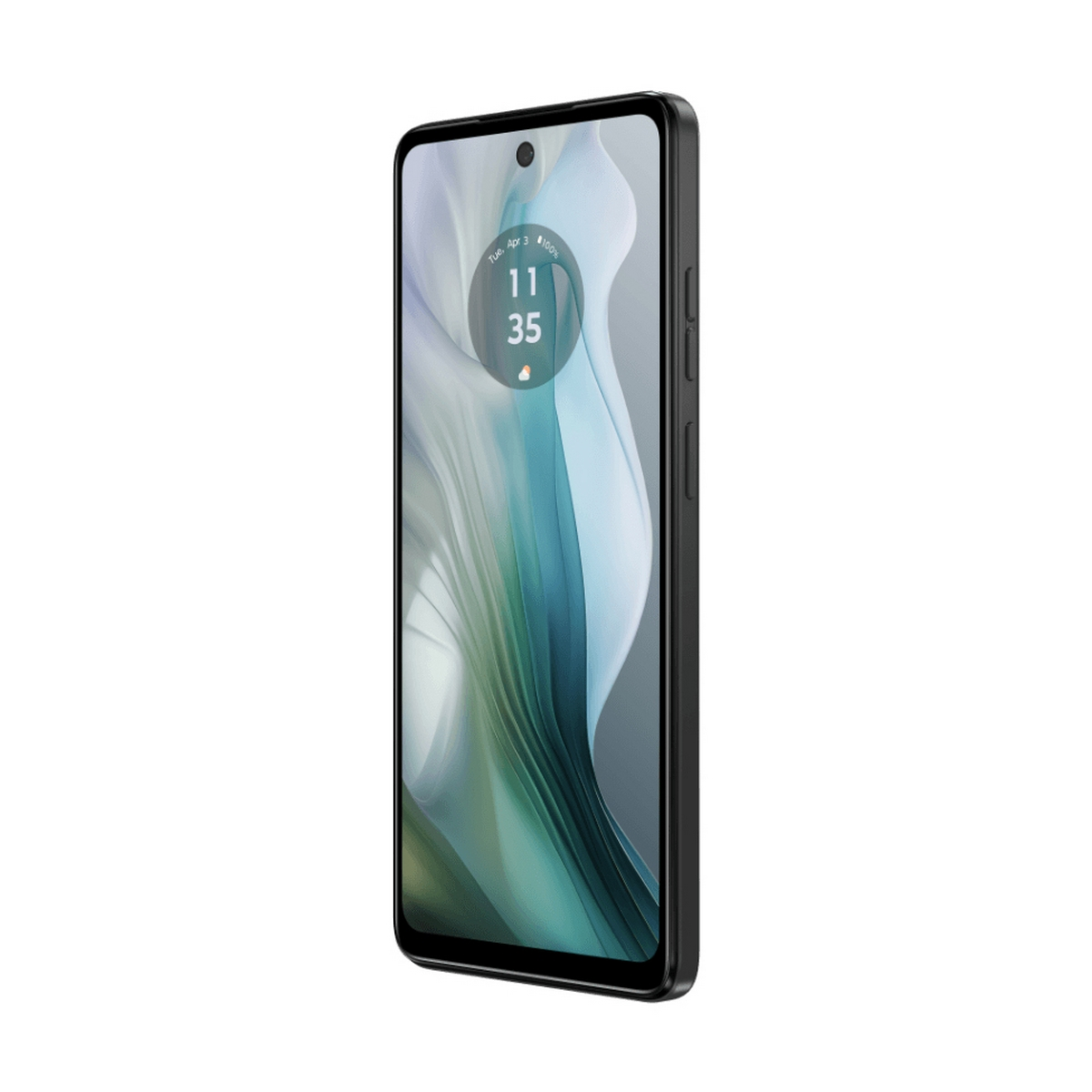 Czarny smartfon na białym tle, wyświetlający ekran z zegarem cyfrowym.