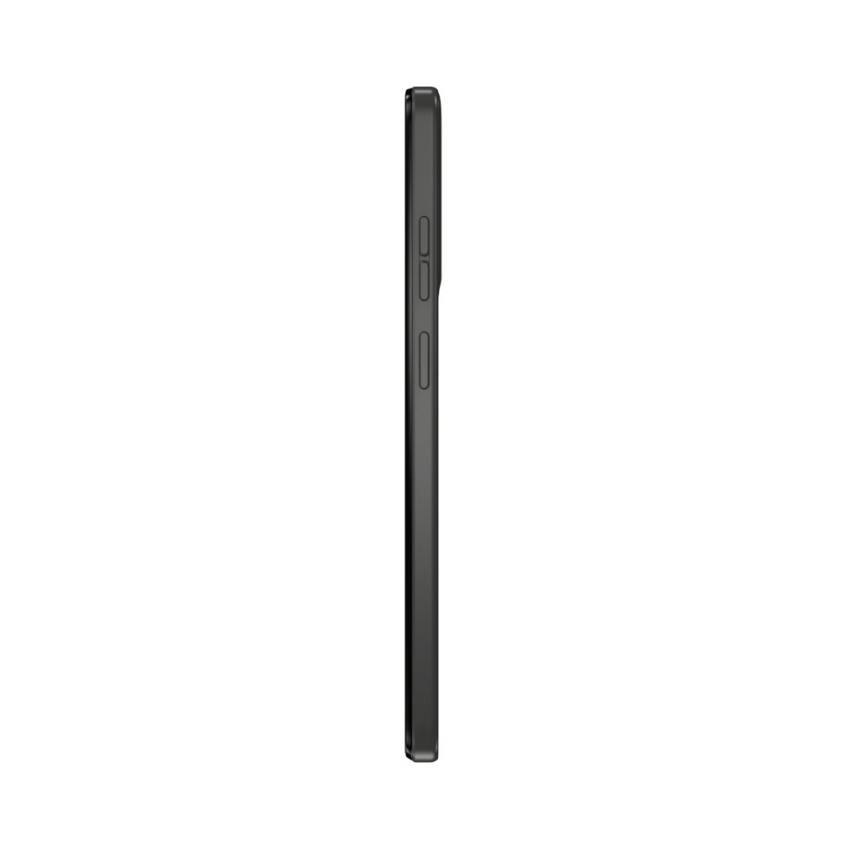 Widok z boku czarnego telefonu. Ma przyciski z boku. Telefon stoi pionowo.