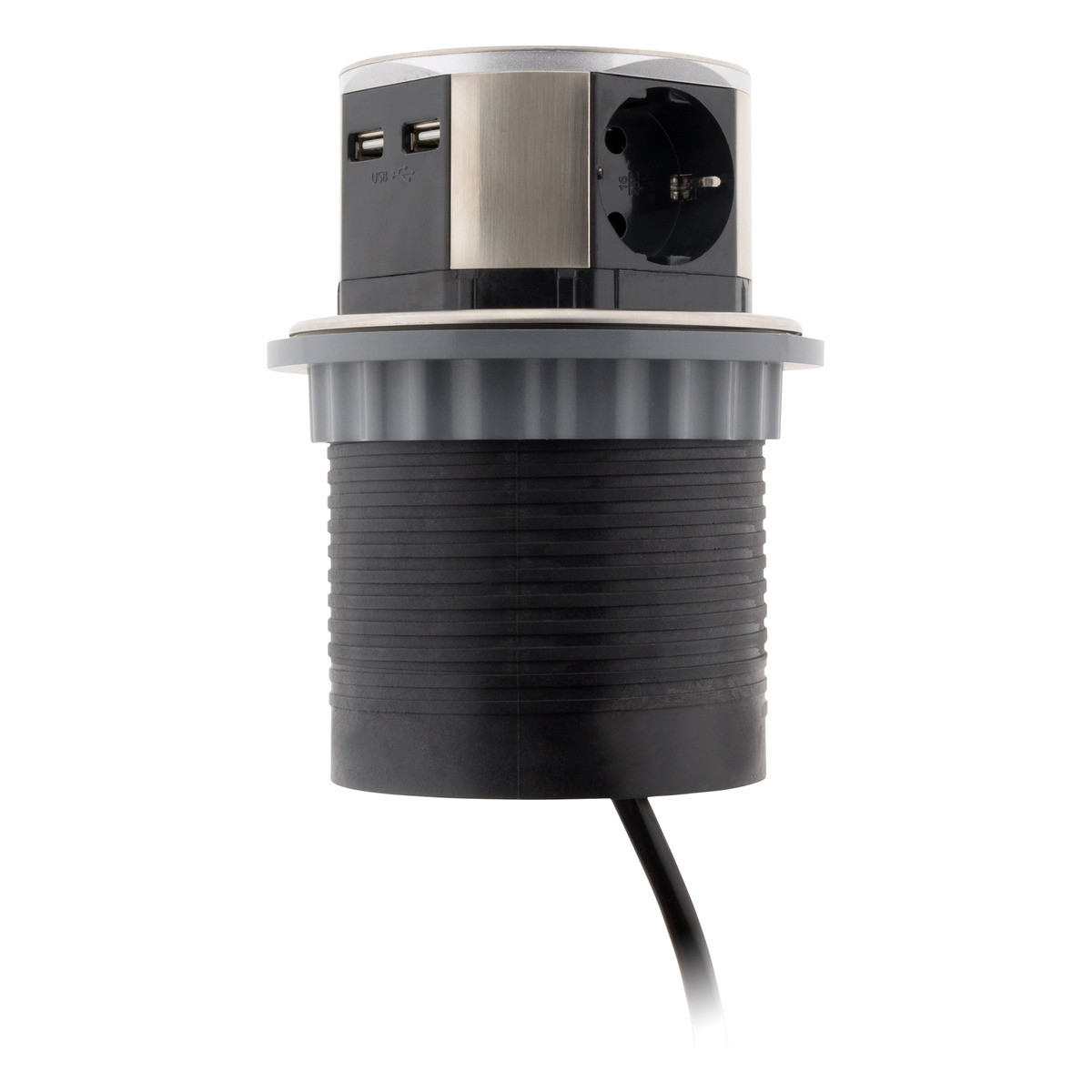 Toma de corriente emergente plateada y negra con puertos USB y un cable negro. Es cilíndrica.