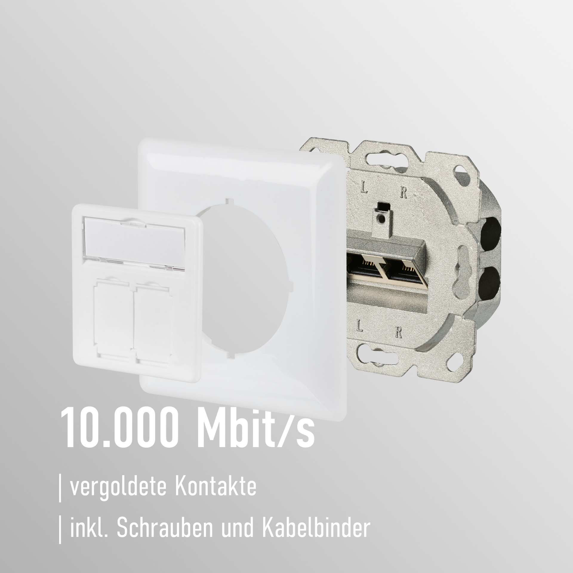 Weiße Steckdose mit Ethernet-Anschluss, teilweise zerlegt.