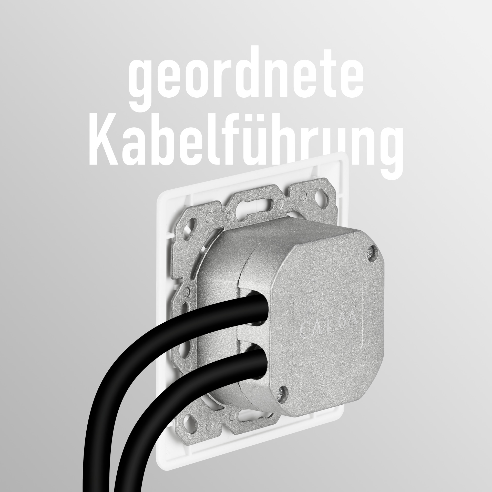 Steckdose mit zwei schwarzen Kabeln. Text sagt 'geordnete Kabelführung' und 'CAT6A'.