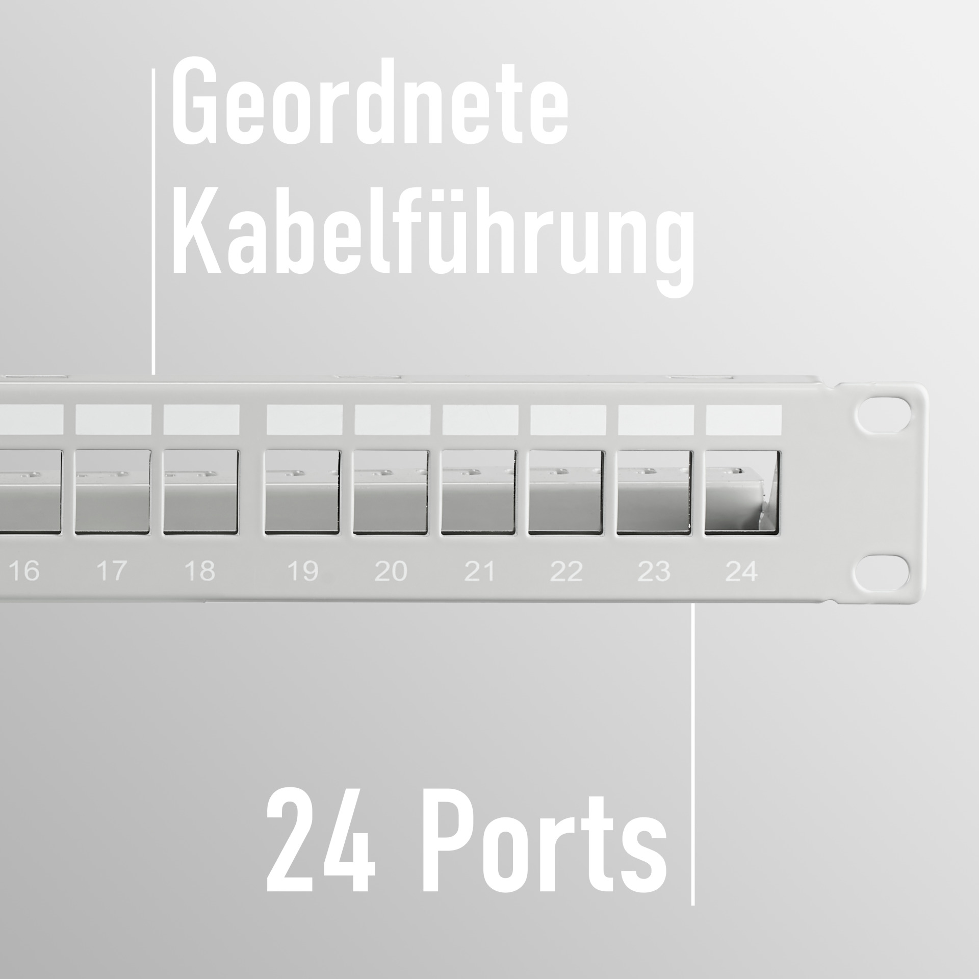 Ein weißes Patchfeld mit Anschlüssen beschriftet 16-24, Text lautet '24 Ports'.