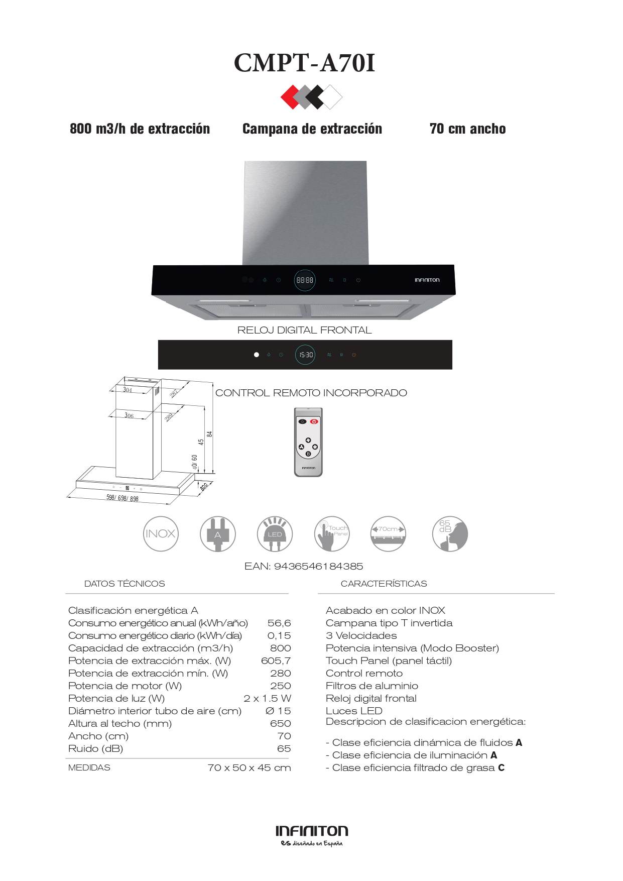 Folleto sobre una campana extractora CMPT-A70I, con especificaciones y diagramas.
