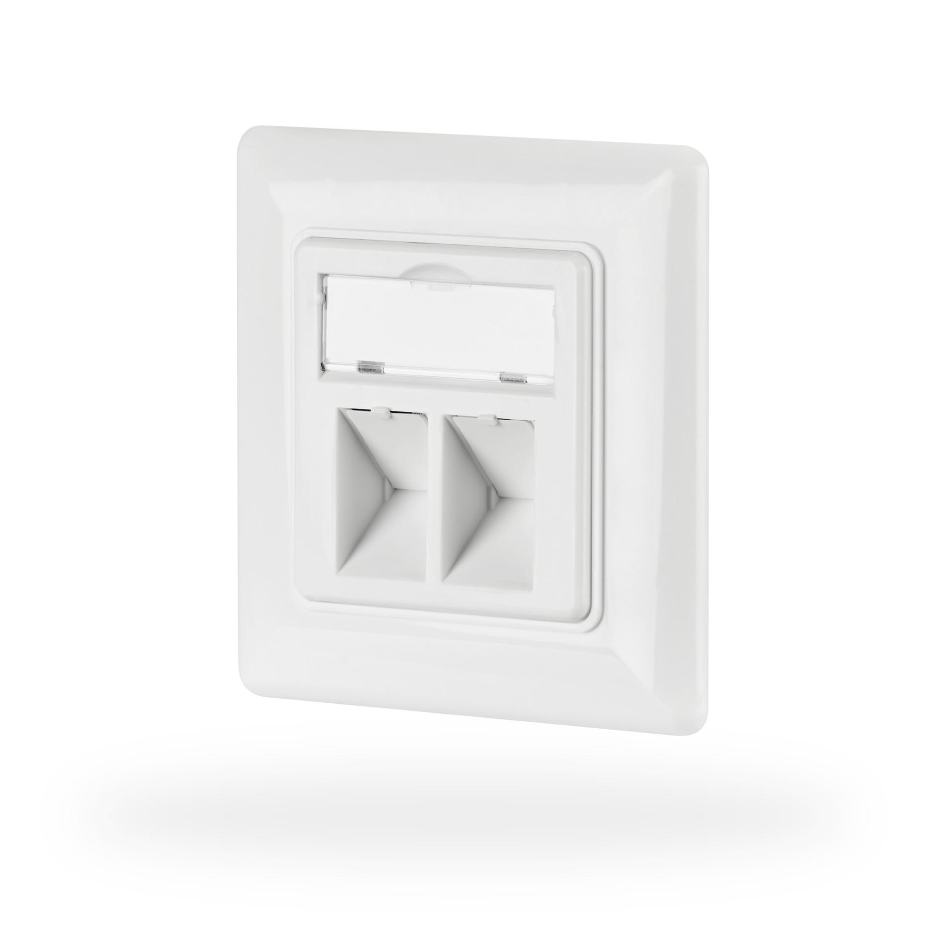 Weiße, wandmontierte RJ45-Buchse mit zwei Anschlüssen und einer Abdeckung.
