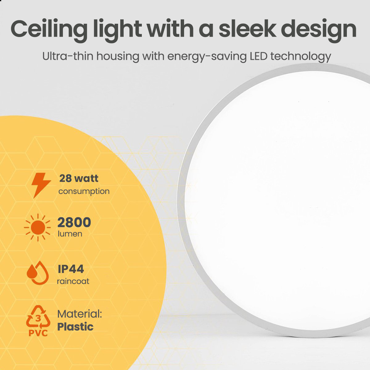 A white ceiling light with text about watts, lumens and material.