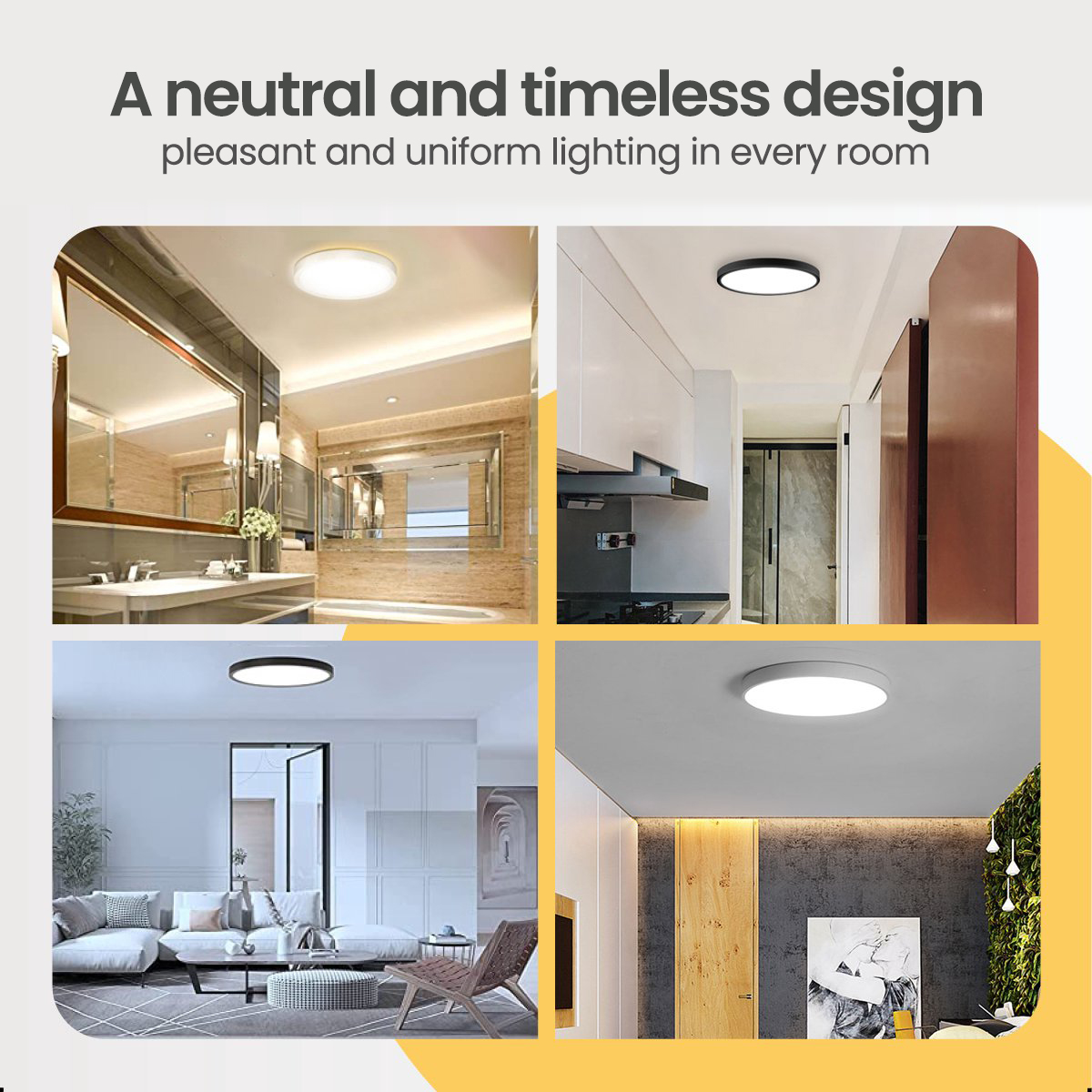 Multiple interior shots showing round ceiling lights in various rooms, offering uniform lighting.