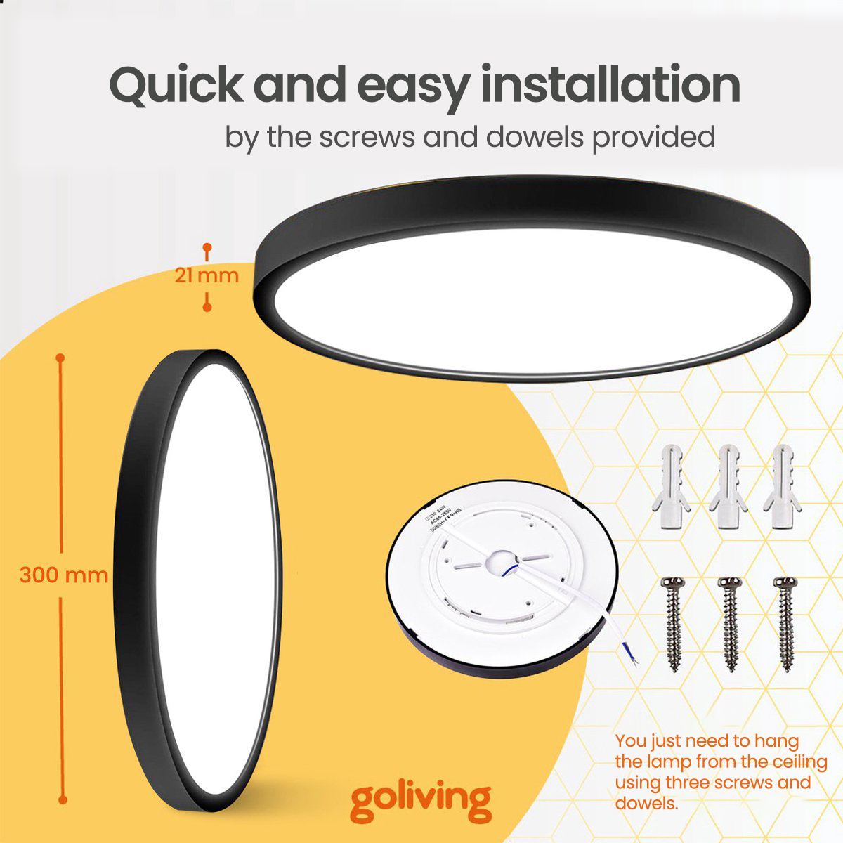 Black round LED ceiling lamp with dimensions, screws, and text instructions.