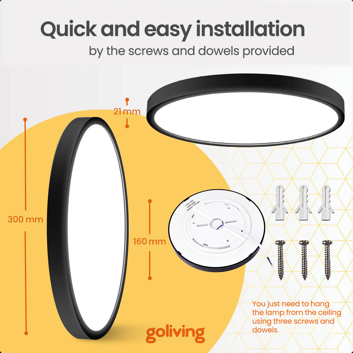 Ceiling lamp with dimensions and screws/dowels for installation, with text about easy installation.