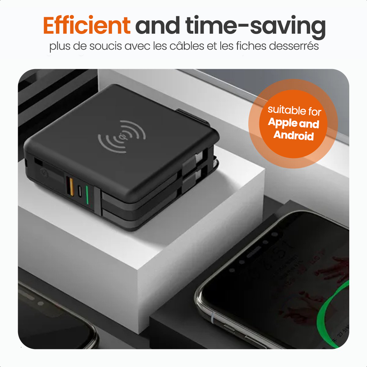 Black charging block with phone, white surface, text: 'Efficient and time-saving'.