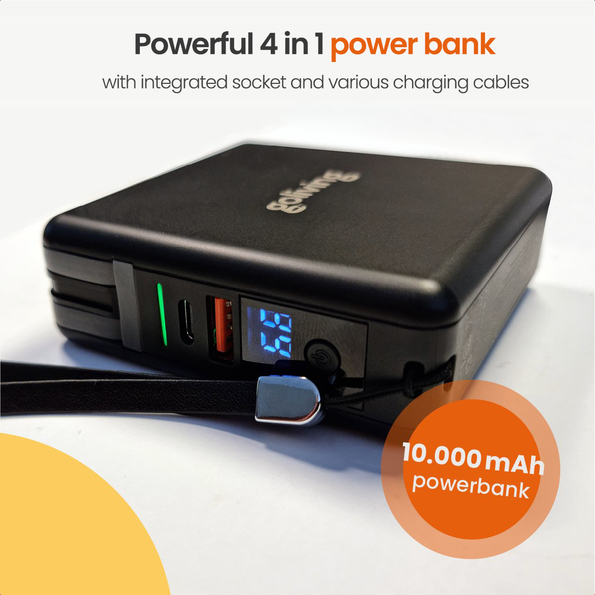 Black power bank with a small screen, charging ports, and a hand strap. Orange circle says 10.000 mAh.