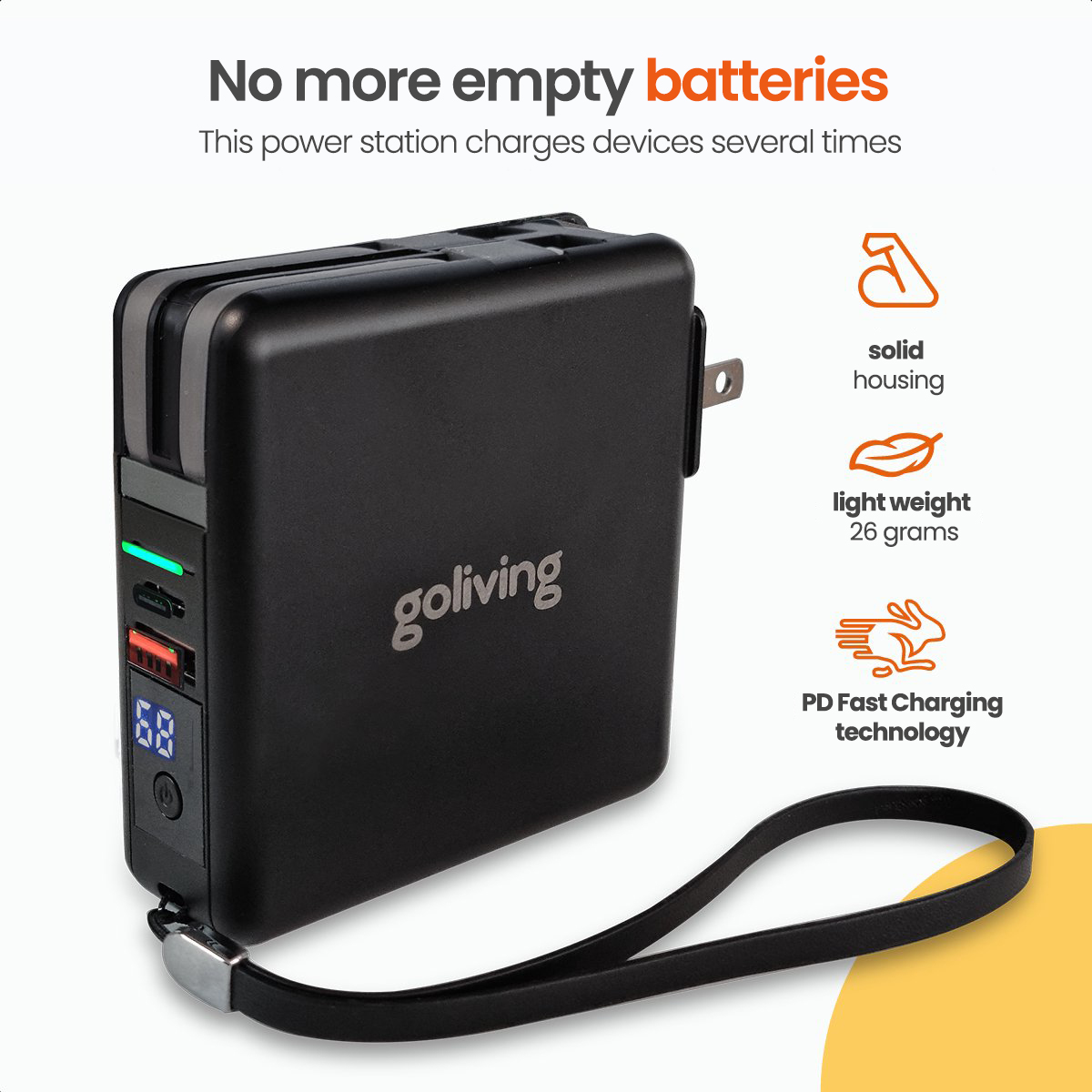 A black power bank with a screen showing '68', with a black strap, and multiple ports.